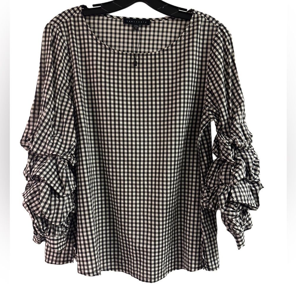 Sanctuary Gingham Ruched Ruffle Sleeve Top Size S